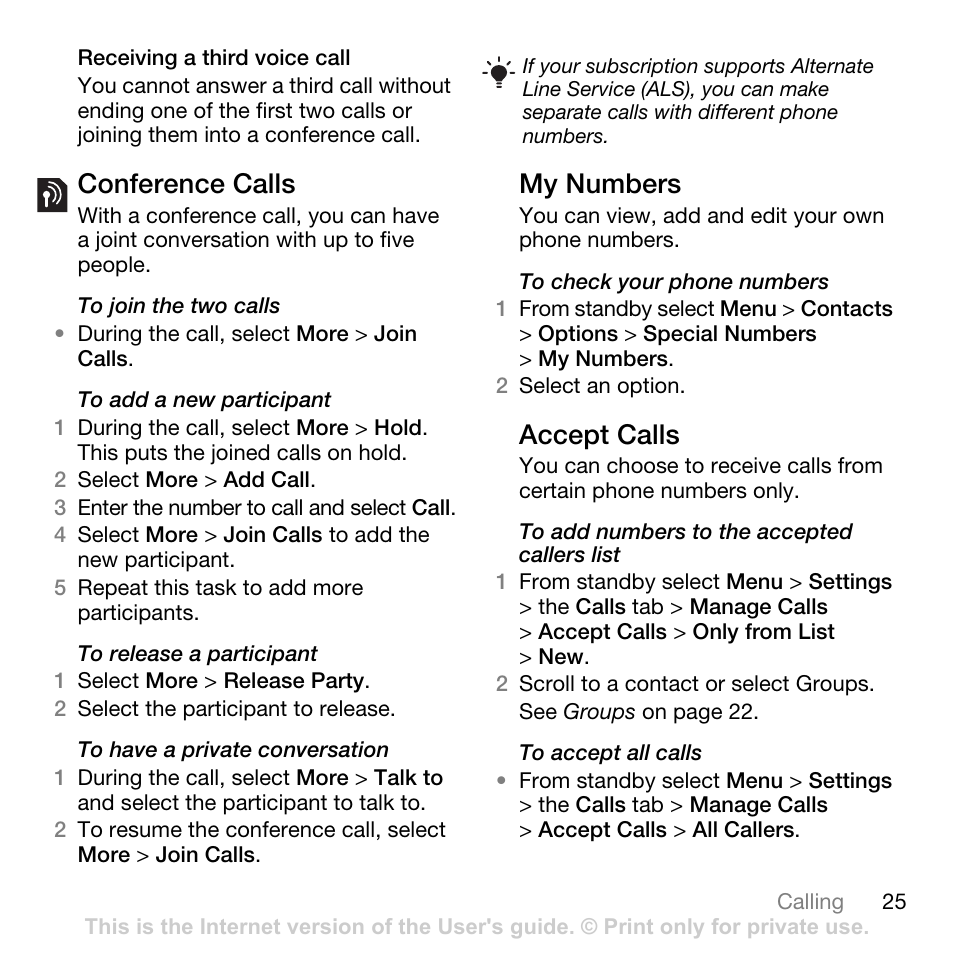 Conference calls, My numbers, Accept calls | Conference calls my numbers accept calls | Tannoy Z555A User Manual | Page 27 / 78