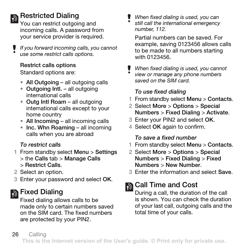 Restricted dialing, Fixed dialing, Call time and cost | Tannoy Z555A User Manual | Page 28 / 78