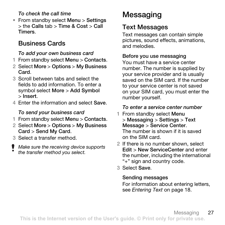 Business cards, Messaging, Text messages | Tannoy Z555A User Manual | Page 29 / 78