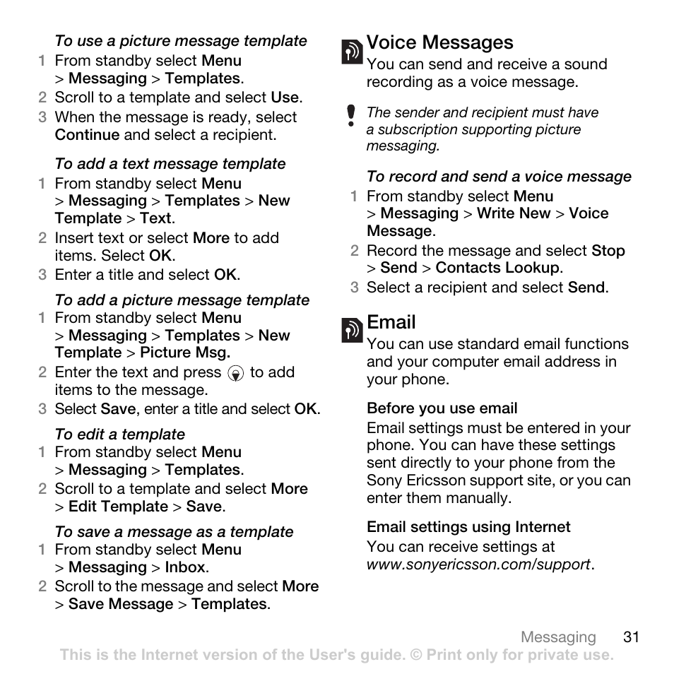 Voice messages, Email, Voice messages email | Tannoy Z555A User Manual | Page 33 / 78