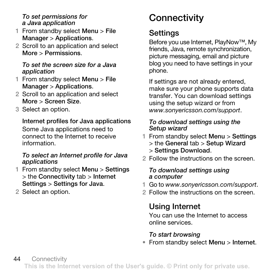 Connectivity, Settings, Using internet | Settings using internet | Tannoy Z555A User Manual | Page 46 / 78