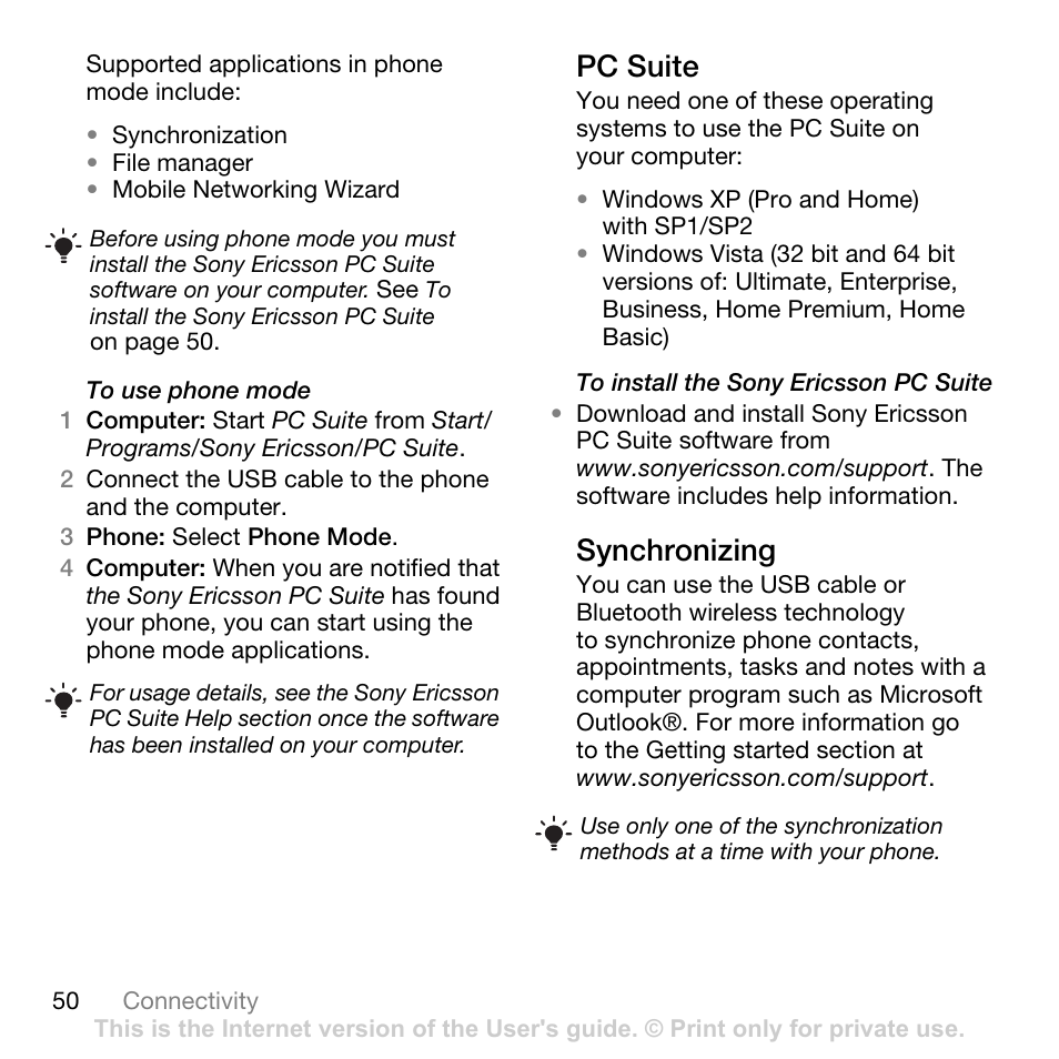 Pc suite, Synchronizing, Pc suite synchronizing | Ge 50 | Tannoy Z555A User Manual | Page 52 / 78