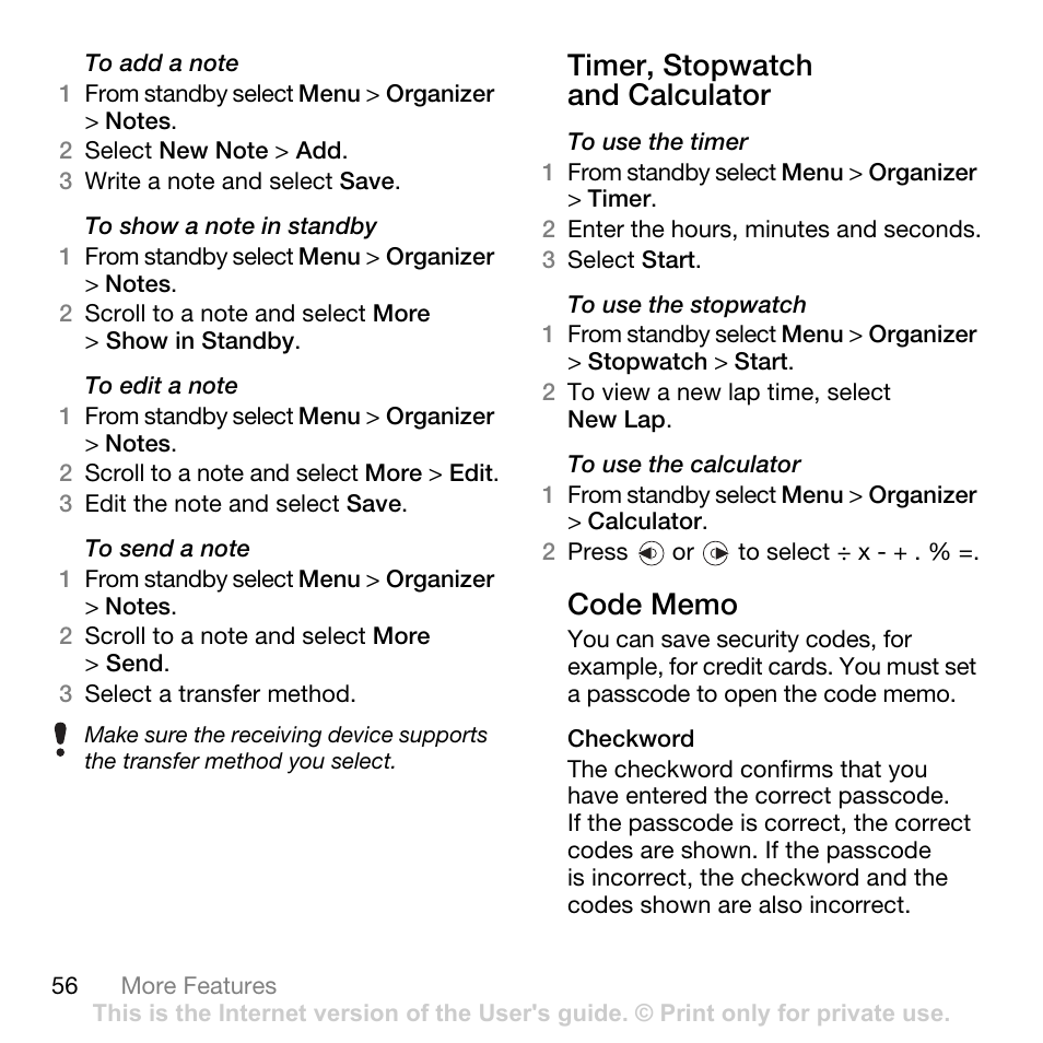 Timer, stopwatch and calculator, Code memo, Timer, stopwatch and calculator code memo | Tannoy Z555A User Manual | Page 58 / 78
