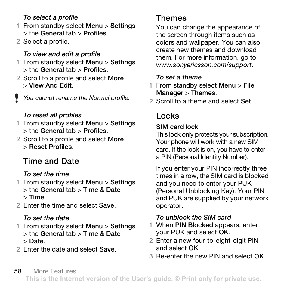 Time and date, Themes, Locks | Time and date themes locks, E sim card lock | Tannoy Z555A User Manual | Page 60 / 78