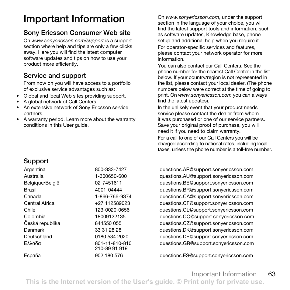 Important information, 63 important information, Sony ericsson consumer web site | Service and support, Support | Tannoy Z555A User Manual | Page 65 / 78