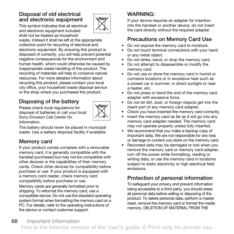 68 important information, Disposing of the battery, Warning | Protection of personal information | Tannoy Z555A User Manual | Page 70 / 78