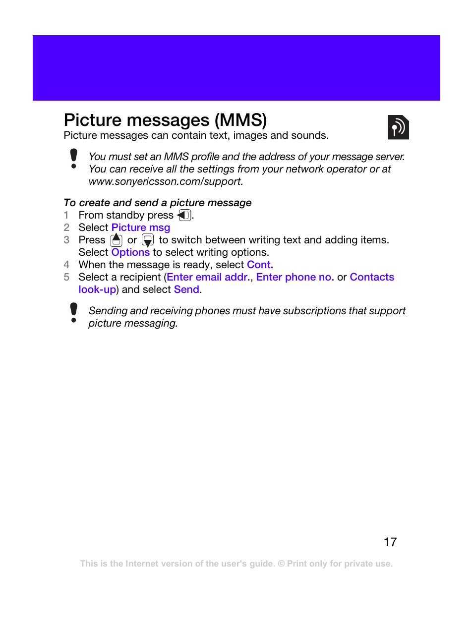 Picture messages (mms) | Tannoy T303C User Manual | Page 17 / 42