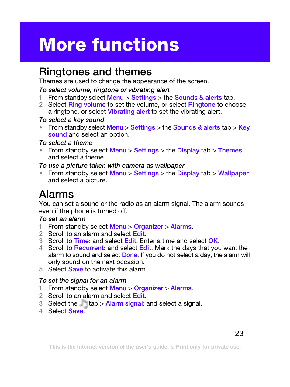 More functions, Ringtones and themes, Alarms | Tannoy T303C User Manual | Page 23 / 42
