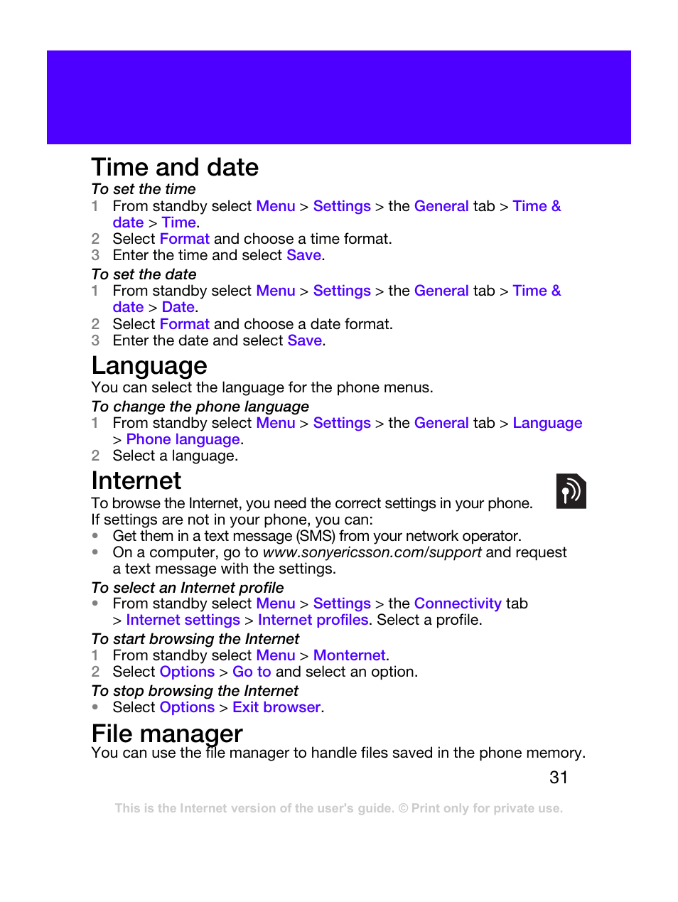 Time and date, Language, Internet | File manager | Tannoy T303C User Manual | Page 31 / 42