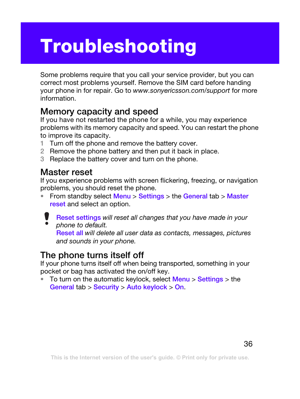Troubleshooting, Master reset, The phone turns itself off | Tannoy T303C User Manual | Page 36 / 42