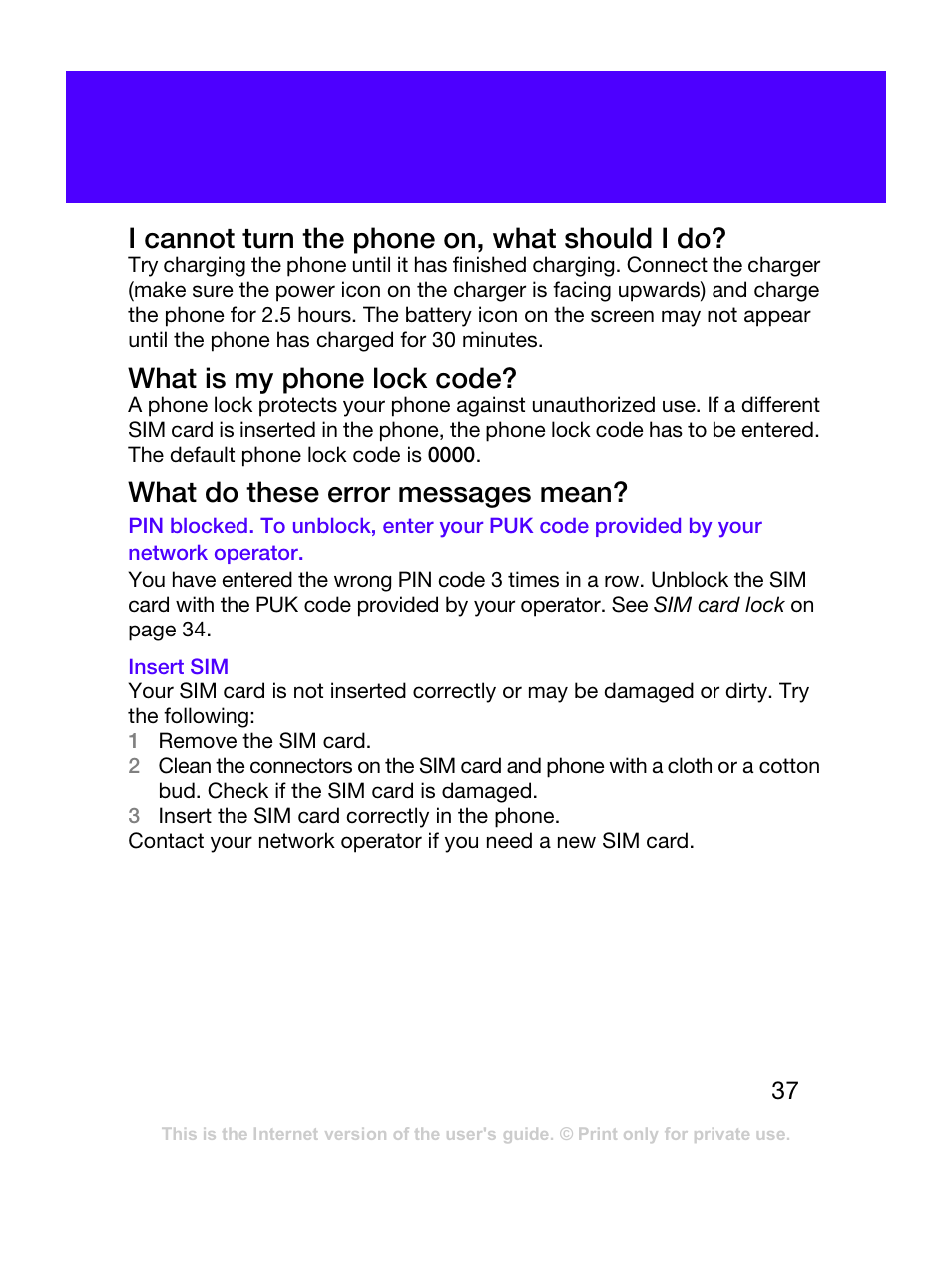 I cannot turn the phone on, what should i do, What is my phone lock code, What do these error messages mean | Tannoy T303C User Manual | Page 37 / 42