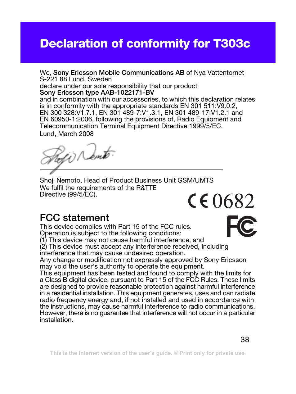 Declaration of conformity for t303c, Fcc statement | Tannoy T303C User Manual | Page 38 / 42