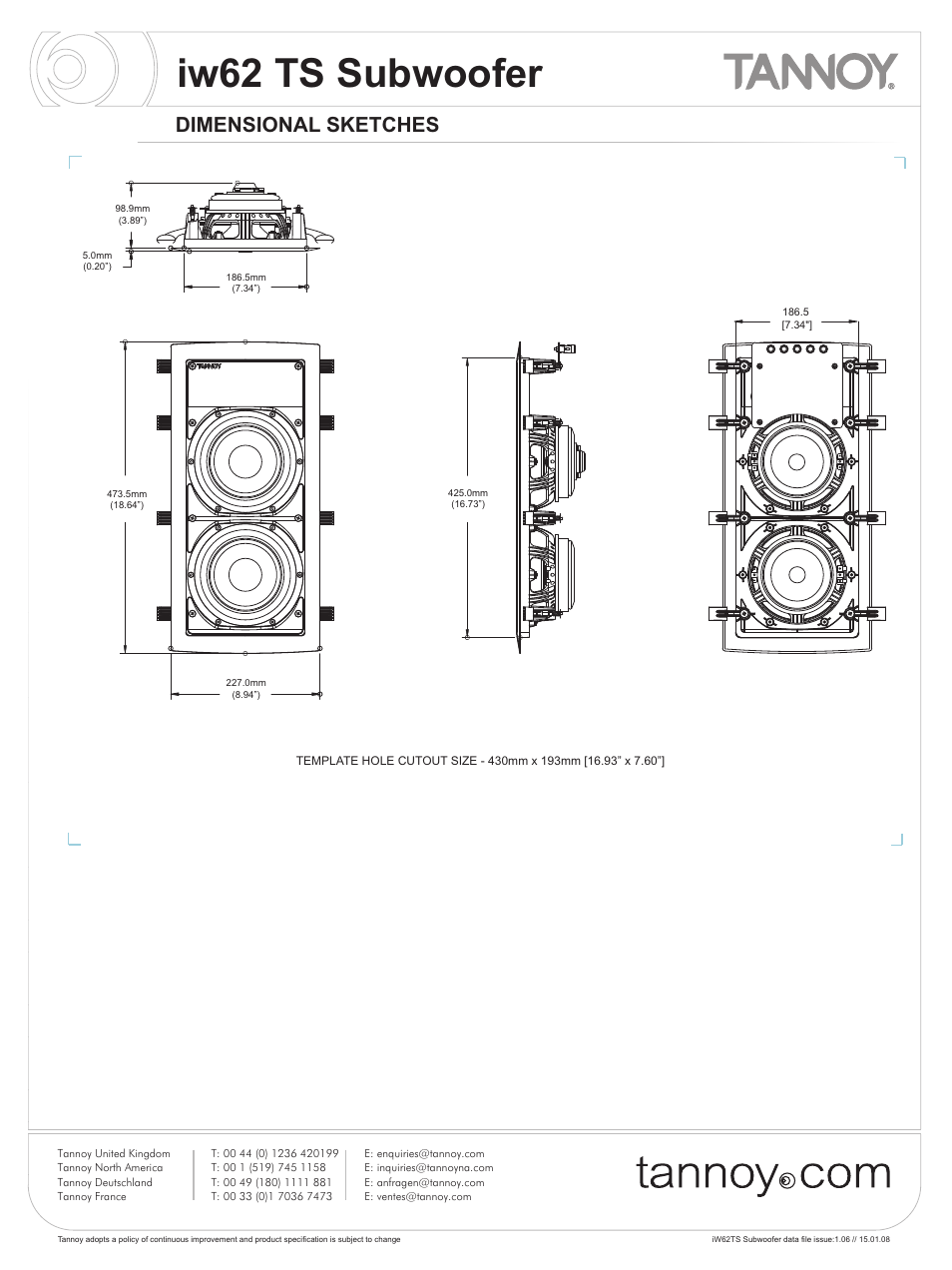 Iw62 ts subwoofer, Dimensional sketches | Tannoy iw62 TS User Manual | Page 3 / 6