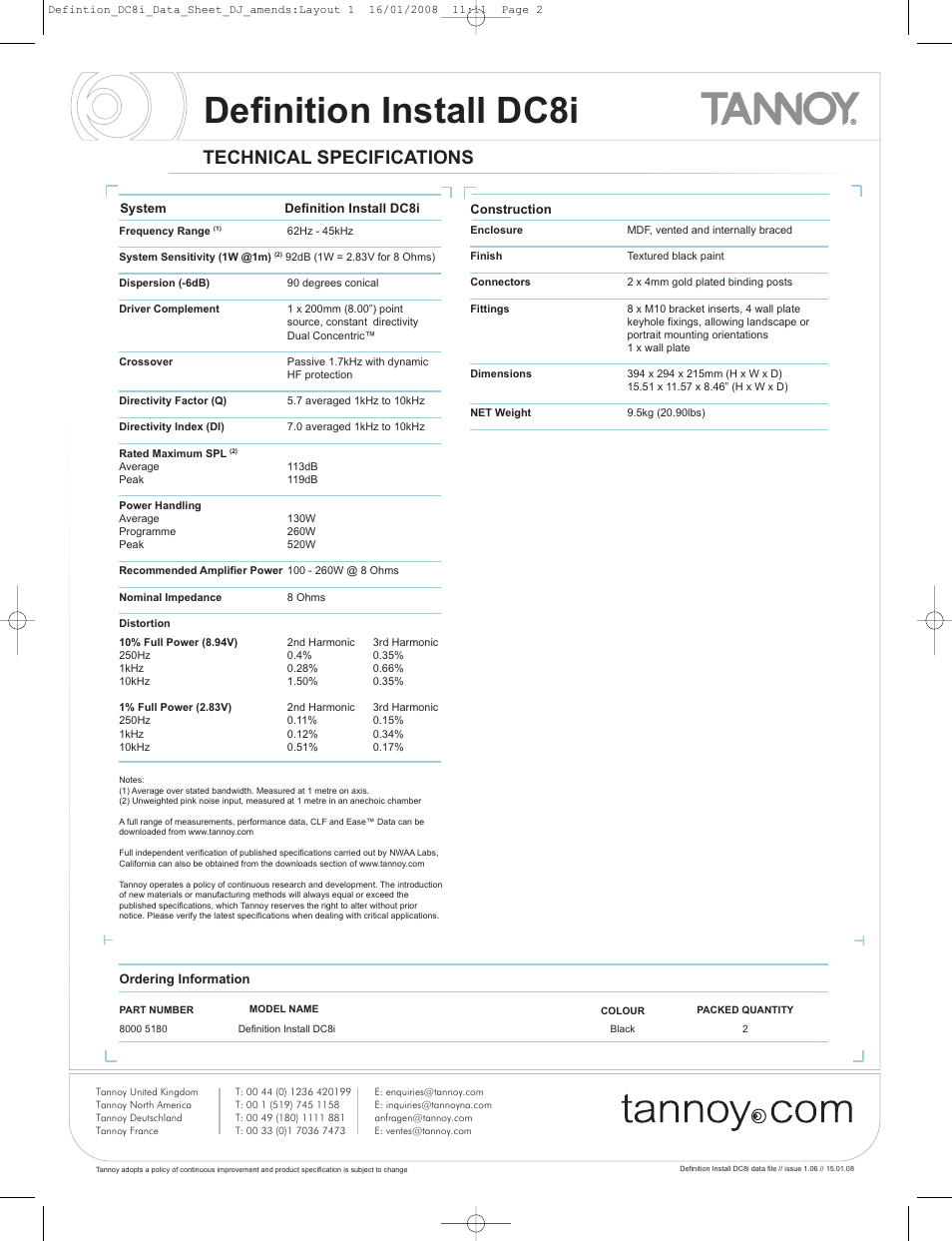 Definition install dc8i, Technical specifications | Tannoy DC8i User Manual | Page 2 / 8