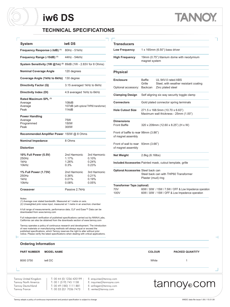 Iw6 ds, Technical specifications | Tannoy iw6 DS User Manual | Page 2 / 10