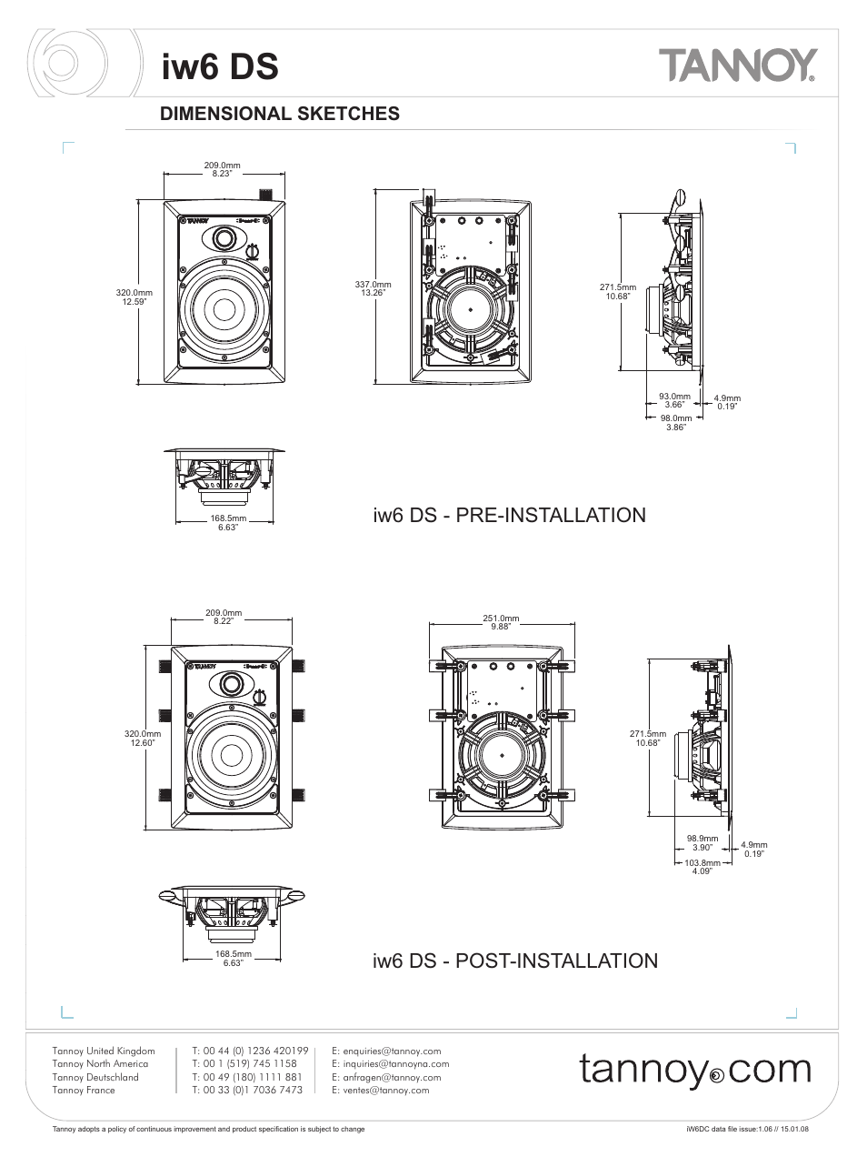 Iw6 ds, Iw6 ds - post-installation, Iw6 ds - pre-installation | Dimensional sketches | Tannoy iw6 DS User Manual | Page 7 / 10