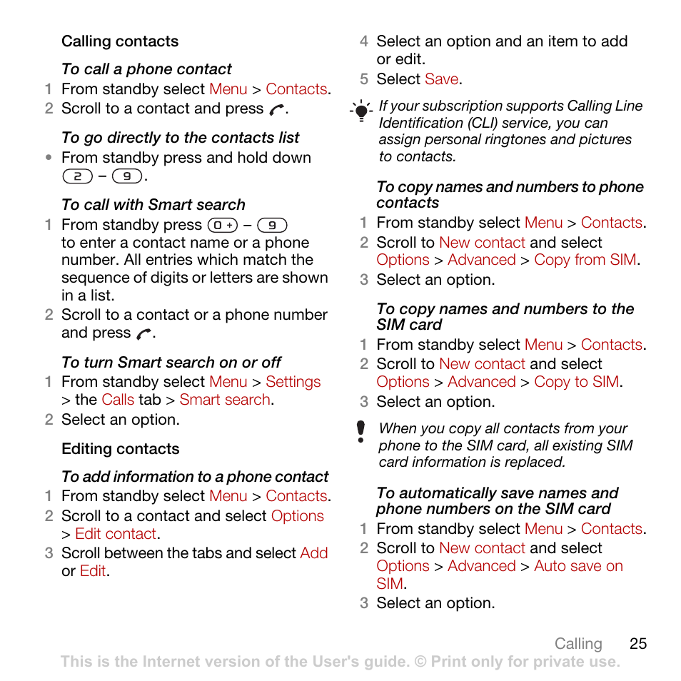 See to copy names and numbers to the sim card o, Ge 25 | Tannoy C702 User Manual | Page 27 / 86