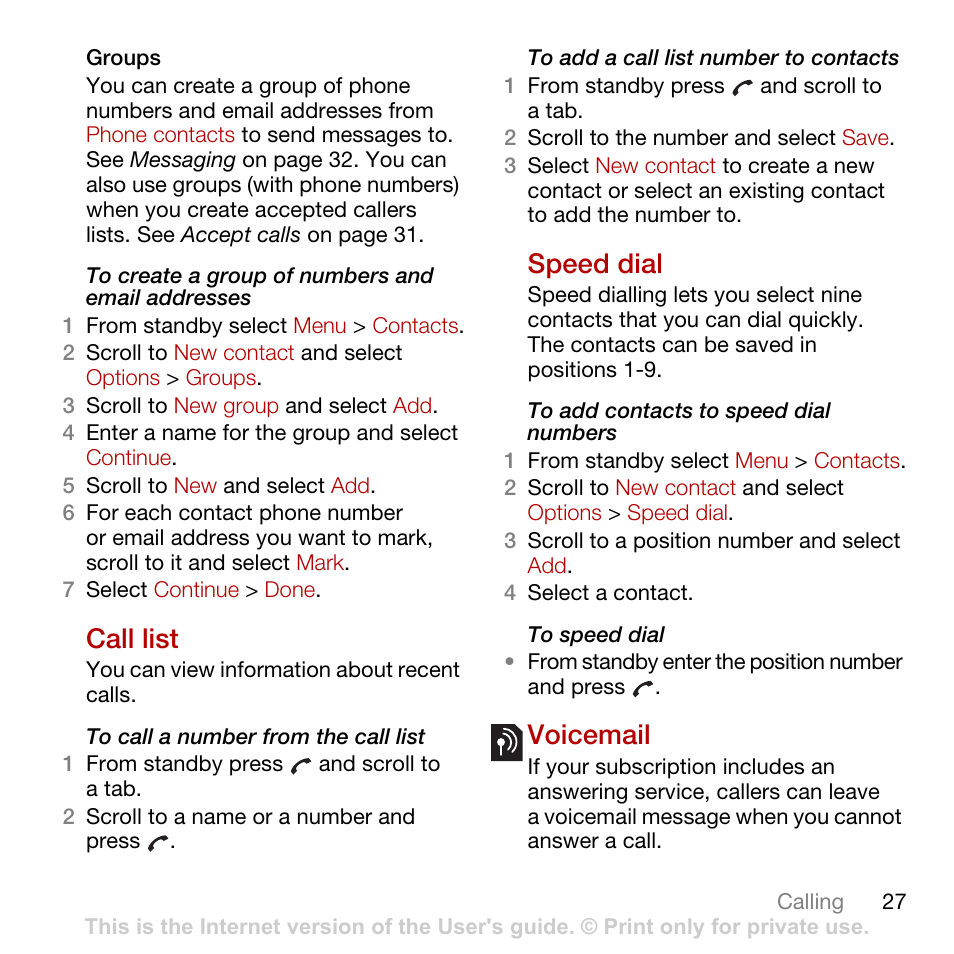 Call list, Speed dial, Voicemail | D call list o | Tannoy C702 User Manual | Page 29 / 86