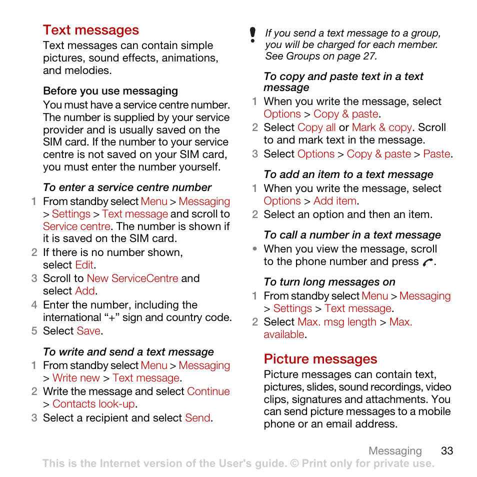 Text messages, Picture messages | Tannoy C702 User Manual | Page 35 / 86