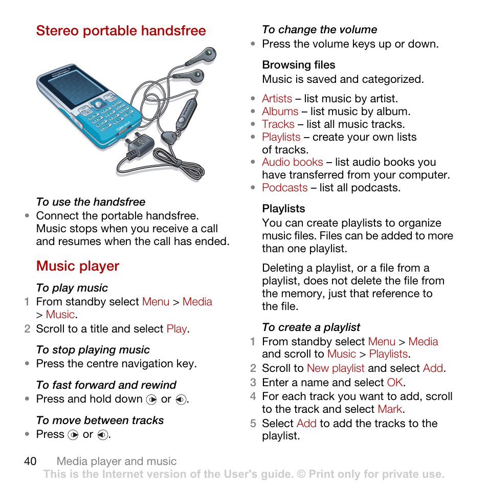 Stereo portable handsfree, Music player | Tannoy C702 User Manual | Page 42 / 86