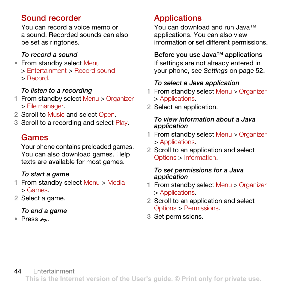 Sound recorder, Games, Applications | Tannoy C702 User Manual | Page 46 / 86