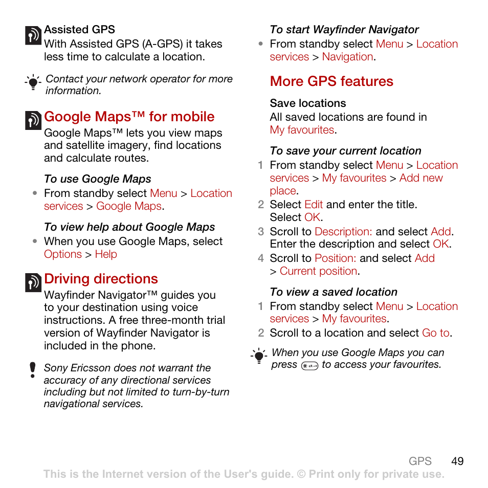 Google maps™ for mobile, Driving directions, More gps features | Tannoy C702 User Manual | Page 51 / 86