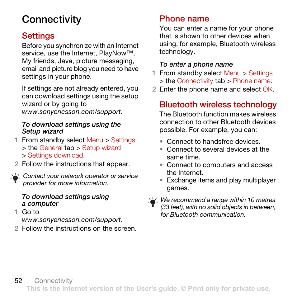 Connectivity, Settings, Phone name | Bluetooth wireless technology | Tannoy C702 User Manual | Page 54 / 86