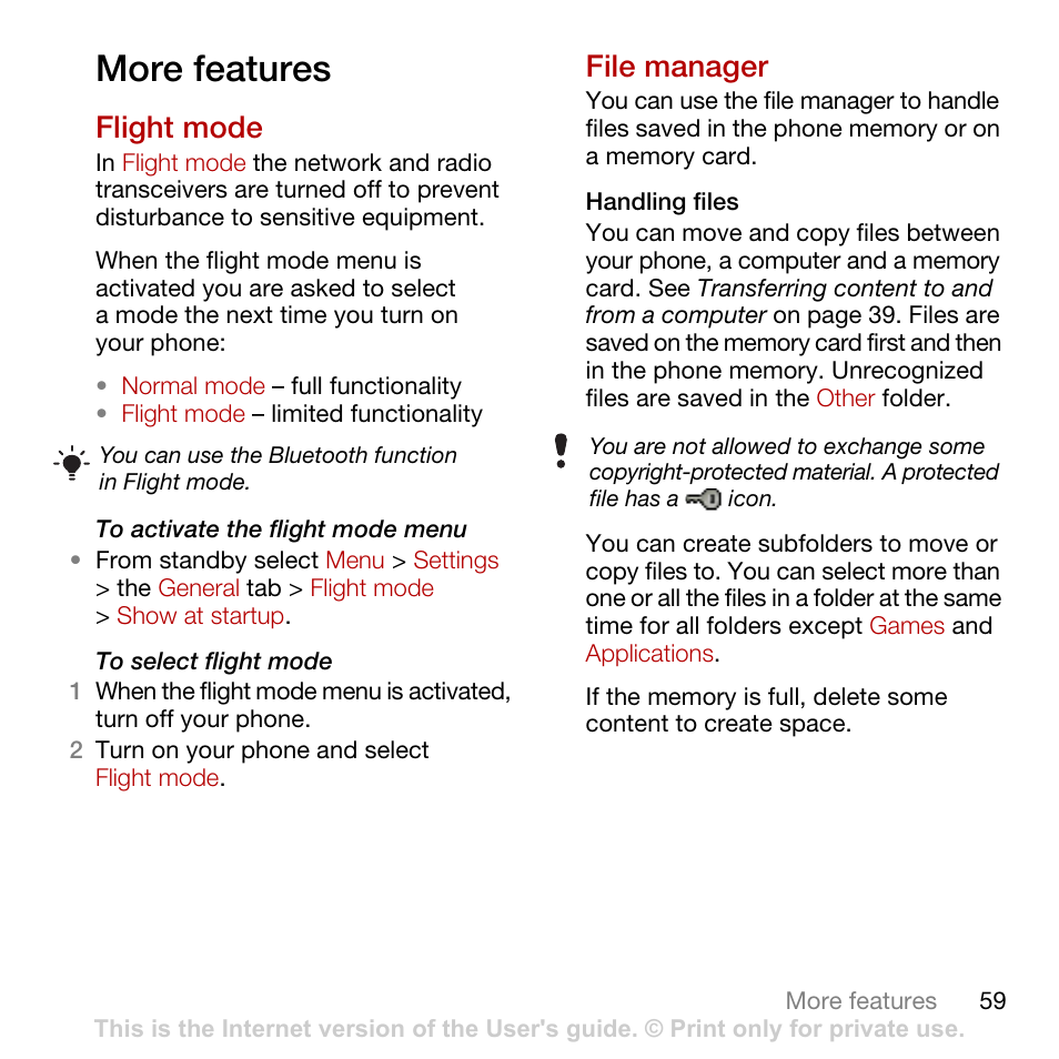 More features, Flight mode, File manager | Tannoy C702 User Manual | Page 61 / 86