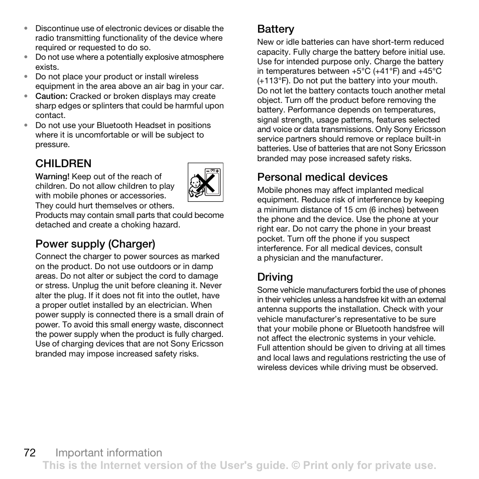72 important information, Children, Power supply (charger) | Battery, Personal medical devices, Driving | Tannoy C702 User Manual | Page 74 / 86