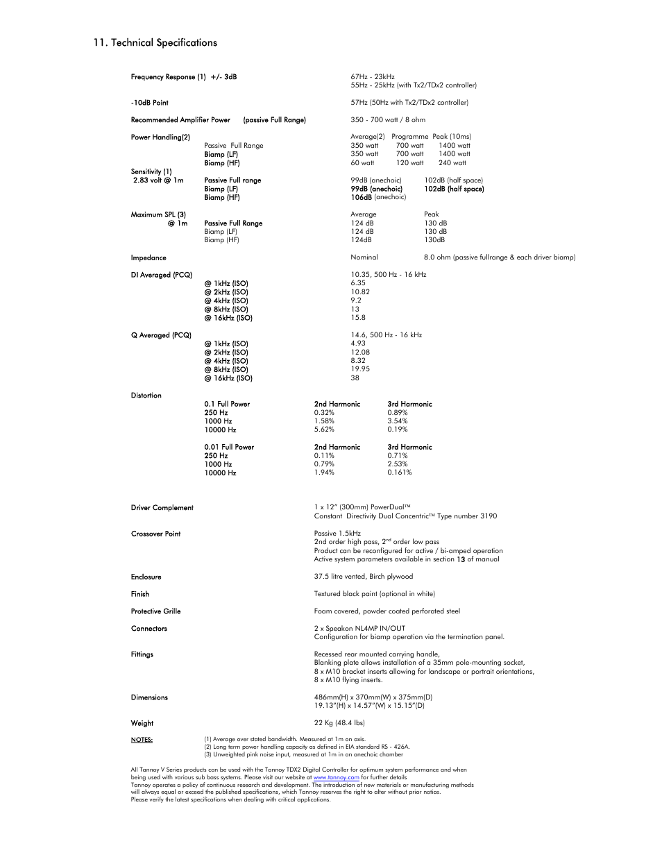 Technical specifications | Tannoy V12HP User Manual | Page 10 / 22