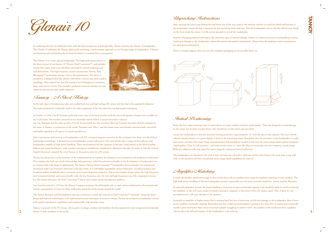 Tannoy - a short history, Initial positioning, Unpacking instructions | Amplifier matching | Tannoy GLENAIR 10 User Manual | Page 2 / 6