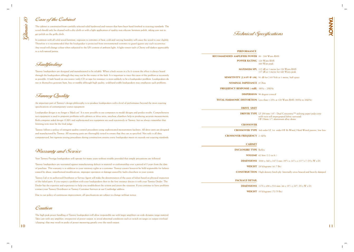 Care of the cabinet, Faultfinding, Tannoy quality | Warranty and service, Caution, Technical specifications | Tannoy GLENAIR 10 User Manual | Page 6 / 6
