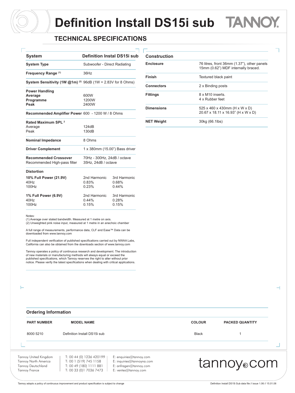 Definition install ds15i sub, Technical specifications | Tannoy DS15i User Manual | Page 2 / 6