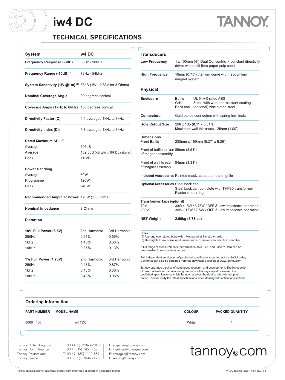 Iw4 dc, Technical specifications | Tannoy iw4DC User Manual | Page 2 / 8