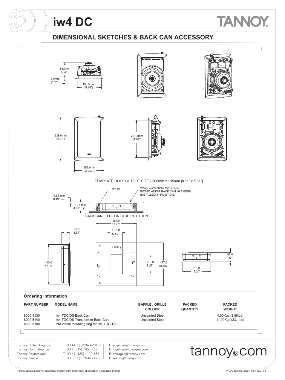 Iw4 dc, Dimensional sketches & back can accessory, Ordering information | Tannoy iw4DC User Manual | Page 6 / 8