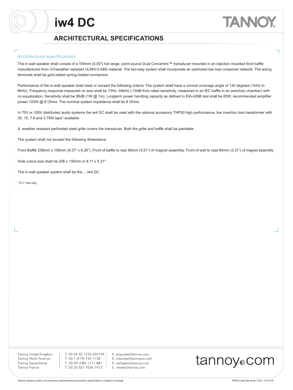 Iw4 dc, Architectural specifications | Tannoy iw4DC User Manual | Page 7 / 8