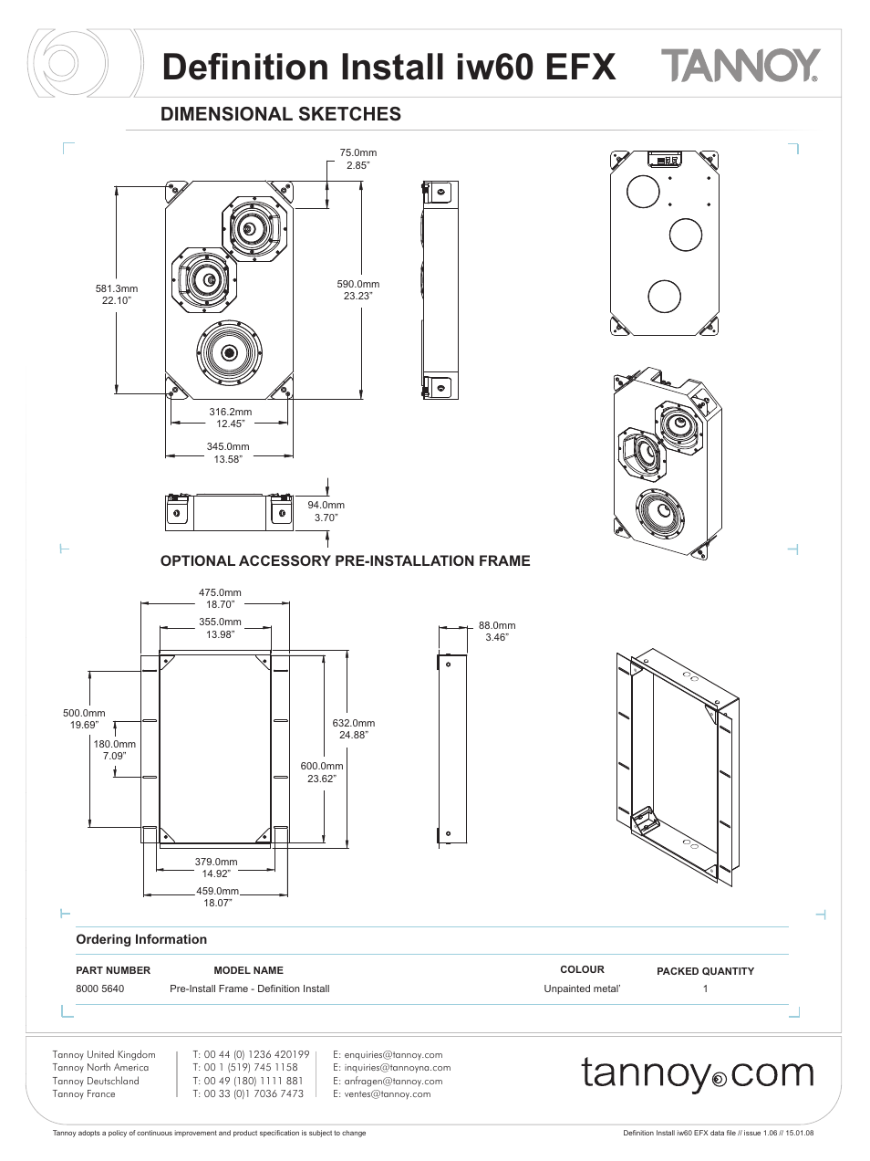 Definition install iw60 efx, Dimensional sketches, Optional accessory pre-installation frame | Tannoy iw60 EFX User Manual | Page 7 / 8