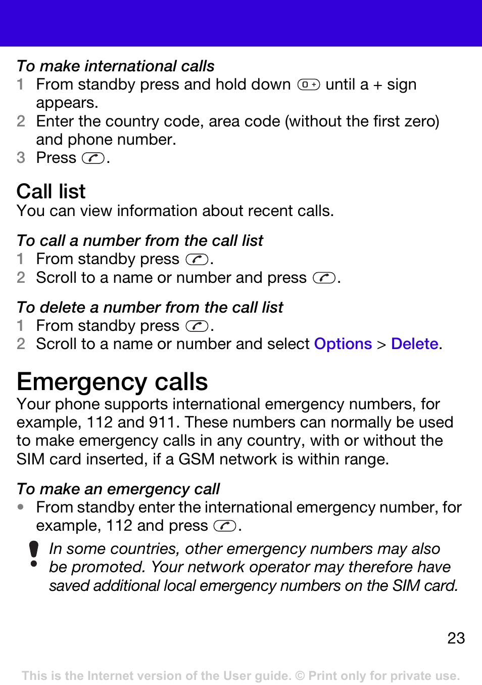 Emergency calls, D call list, Call list | Tannoy W395 User Manual | Page 23 / 42