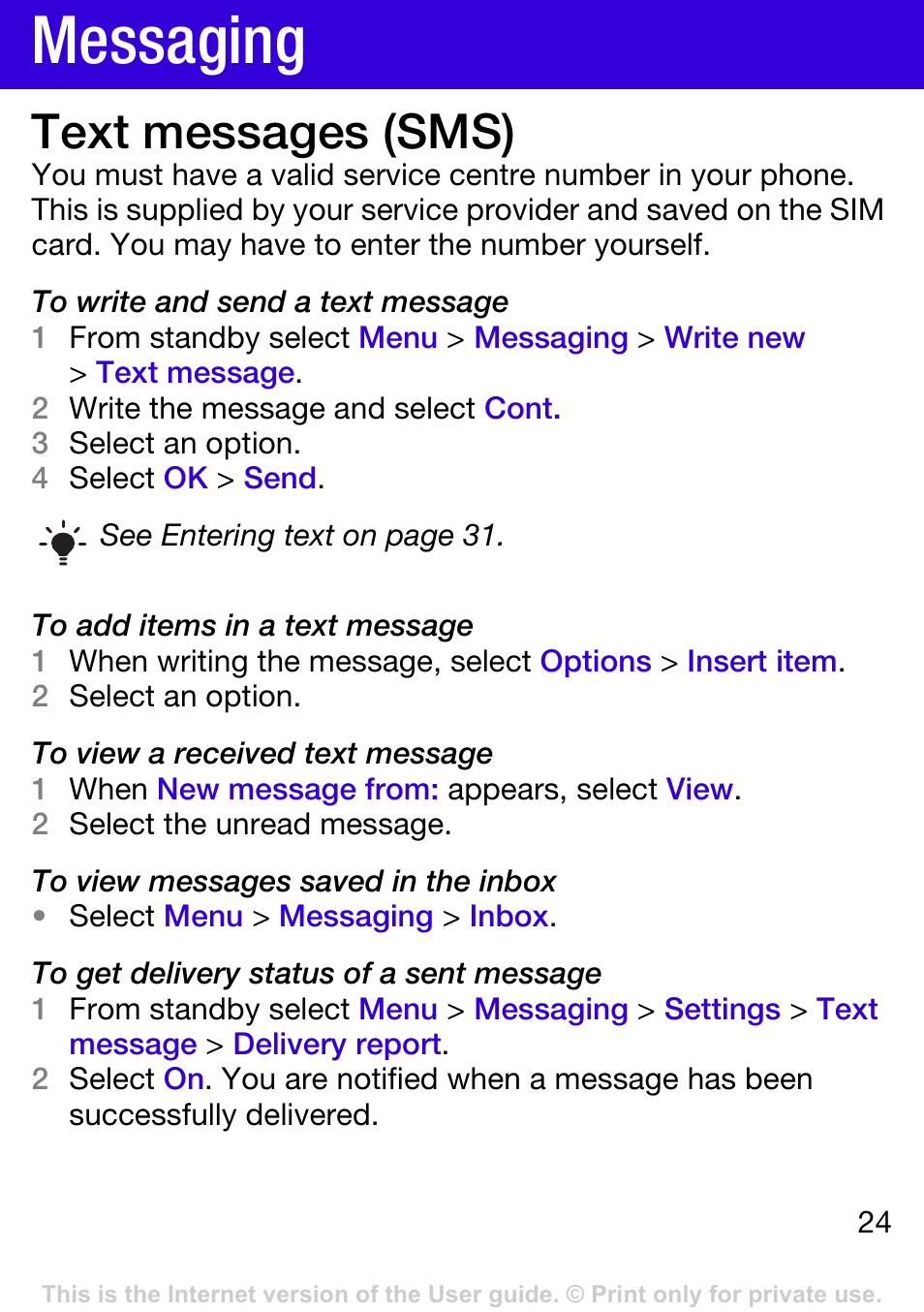 Messaging, Text messages (sms) | Tannoy W395 User Manual | Page 24 / 42