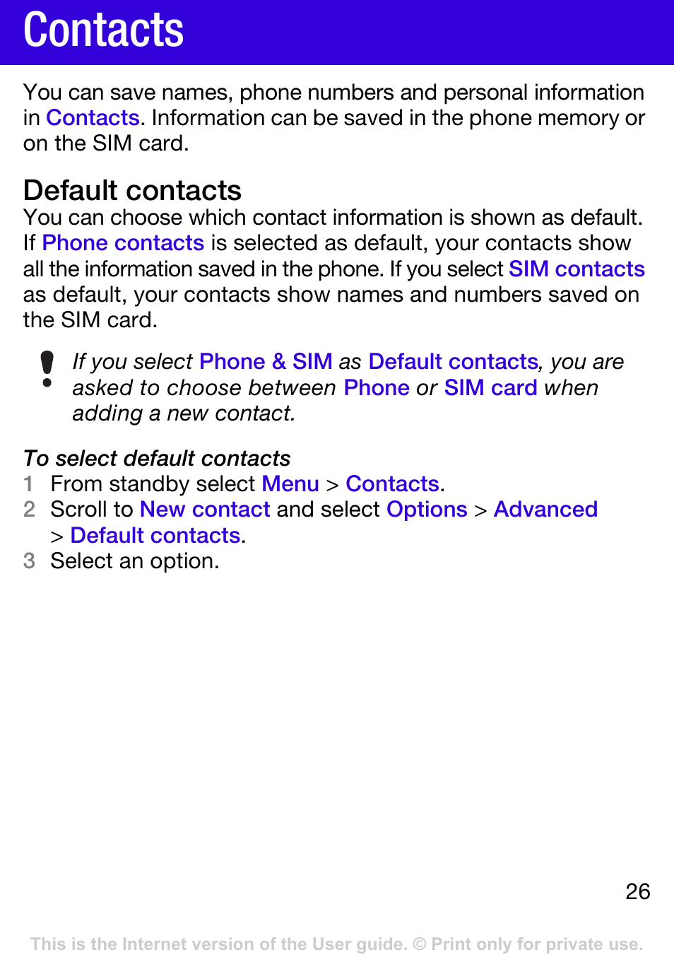 Contacts, E contacts, Default contacts | Tannoy W395 User Manual | Page 26 / 42