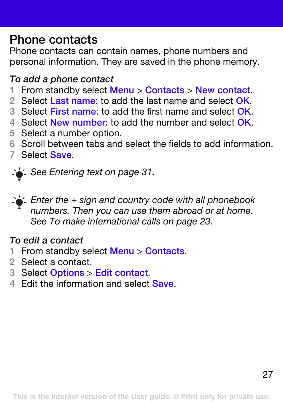 Phone contacts | Tannoy W395 User Manual | Page 27 / 42