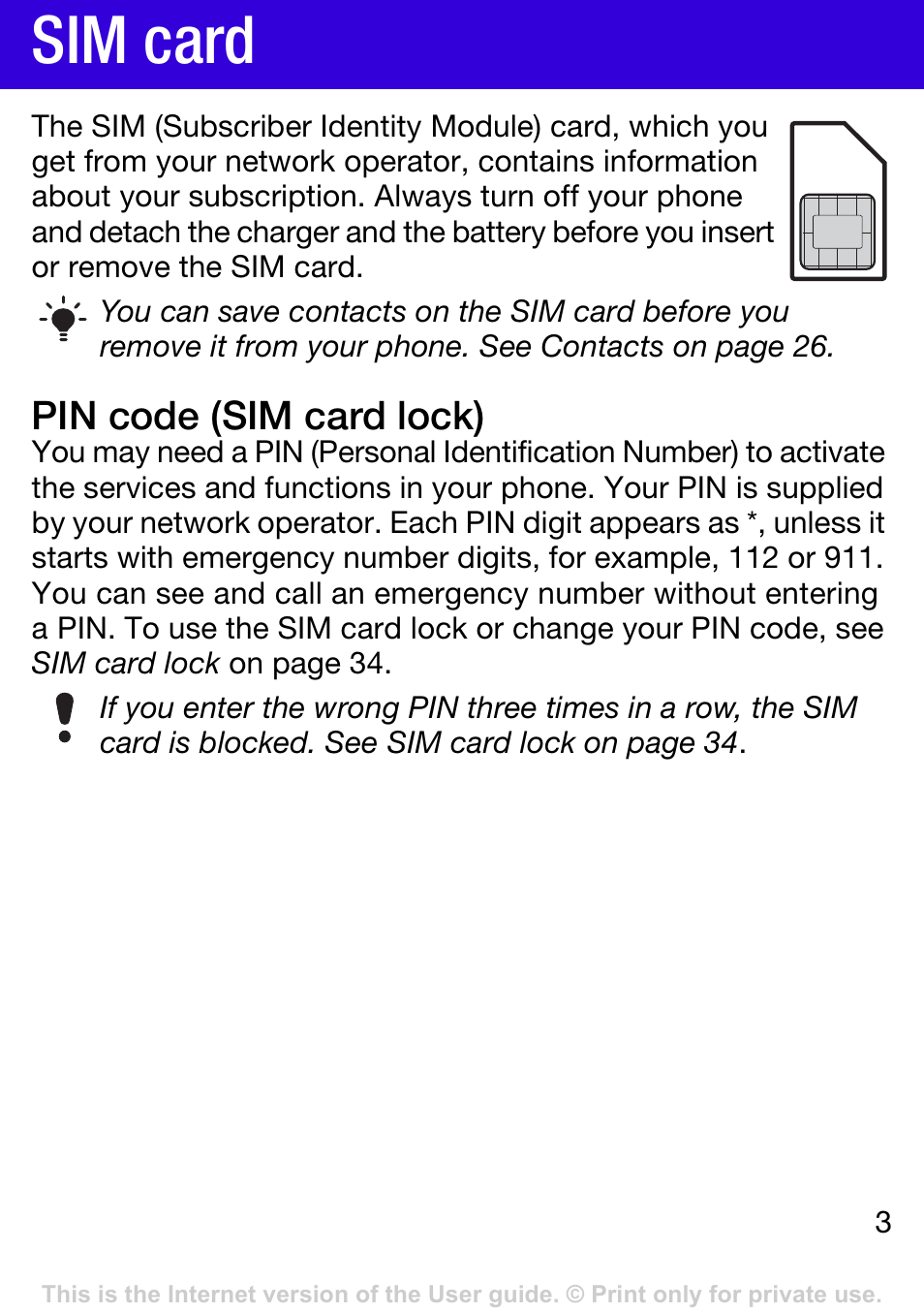 Sim card, Pin code (sim card lock) | Tannoy W395 User Manual | Page 3 / 42