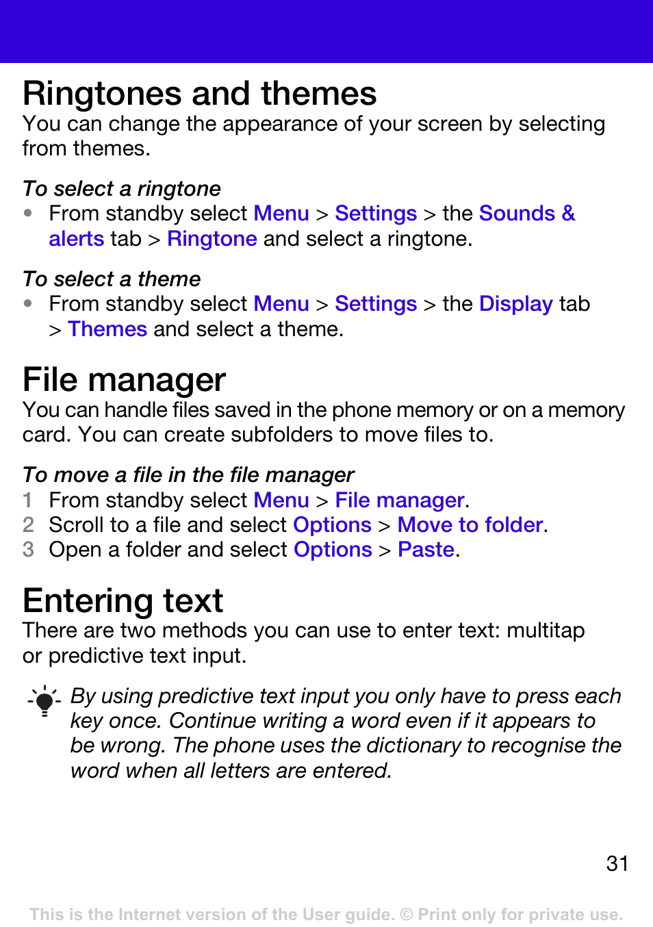 Ringtones and themes, File manager, Entering text | E entering text | Tannoy W395 User Manual | Page 31 / 42