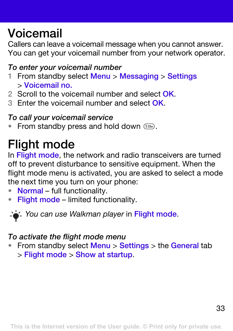 Voicemail, Flight mode | Tannoy W395 User Manual | Page 33 / 42