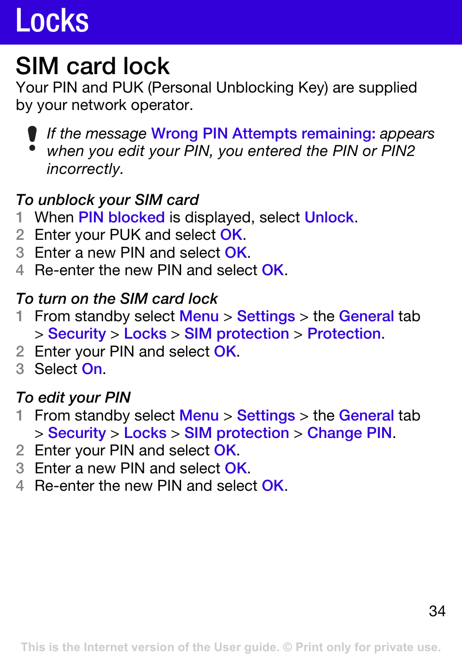 Locks, Sim card lock, Ge 34 | Tannoy W395 User Manual | Page 34 / 42