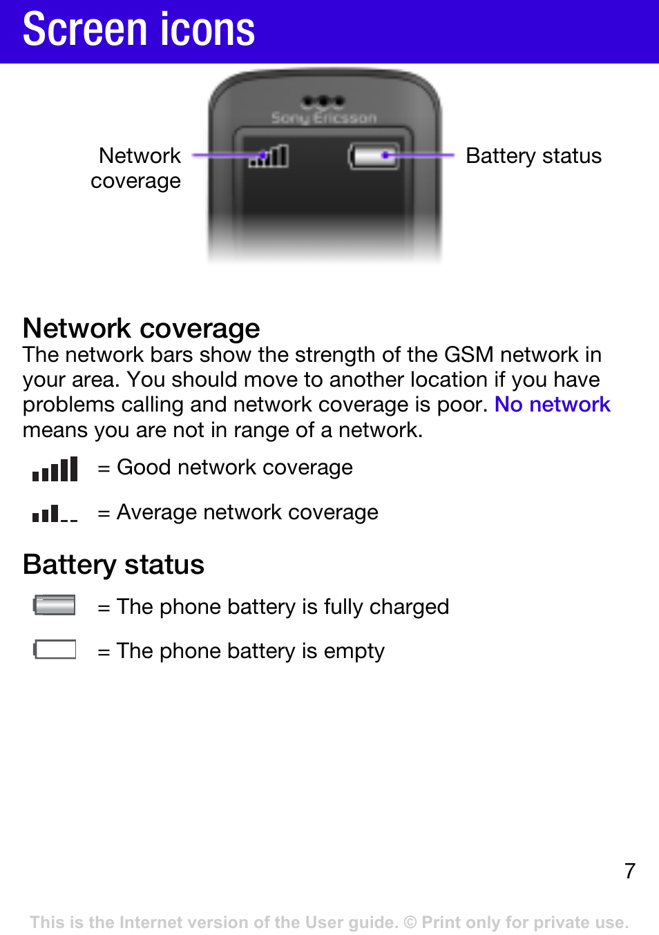 Screen icons, Network coverage, Battery status | Tannoy W395 User Manual | Page 7 / 42