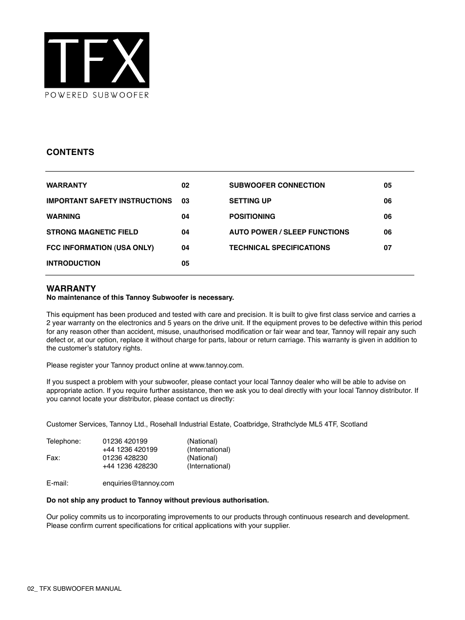 Tannoy TFX Powerd Subwoofer User Manual | Page 2 / 8