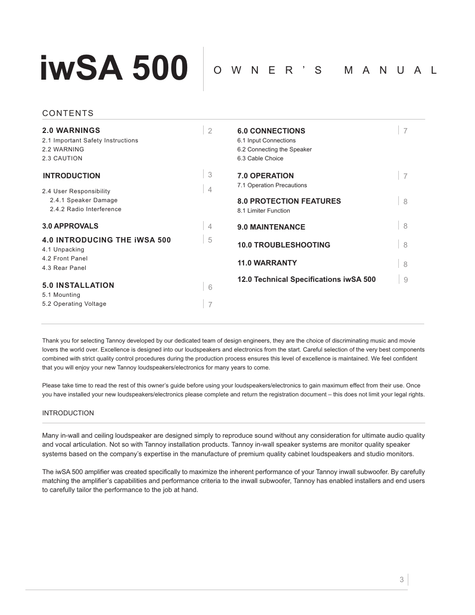 Iwsa 500 | Tannoy iwSA 500 User Manual | Page 3 / 10