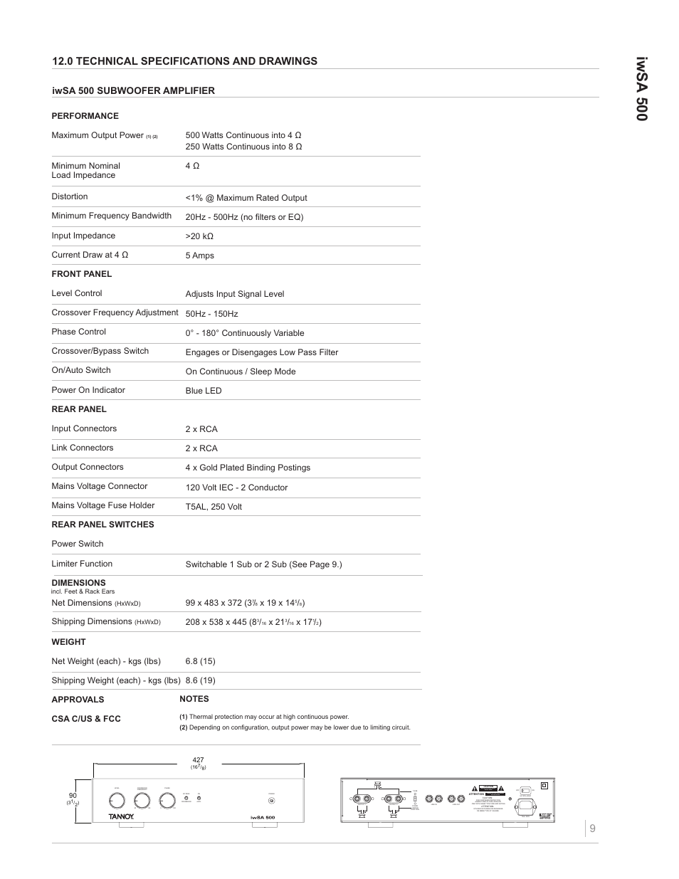 Iwsa 500, 0 technical specifications and drawings, Risk of electric shock do not open | Risque de choc electrique ne pas ouvrir, Iwsa 500 subwoofer amplifier | Tannoy iwSA 500 User Manual | Page 9 / 10