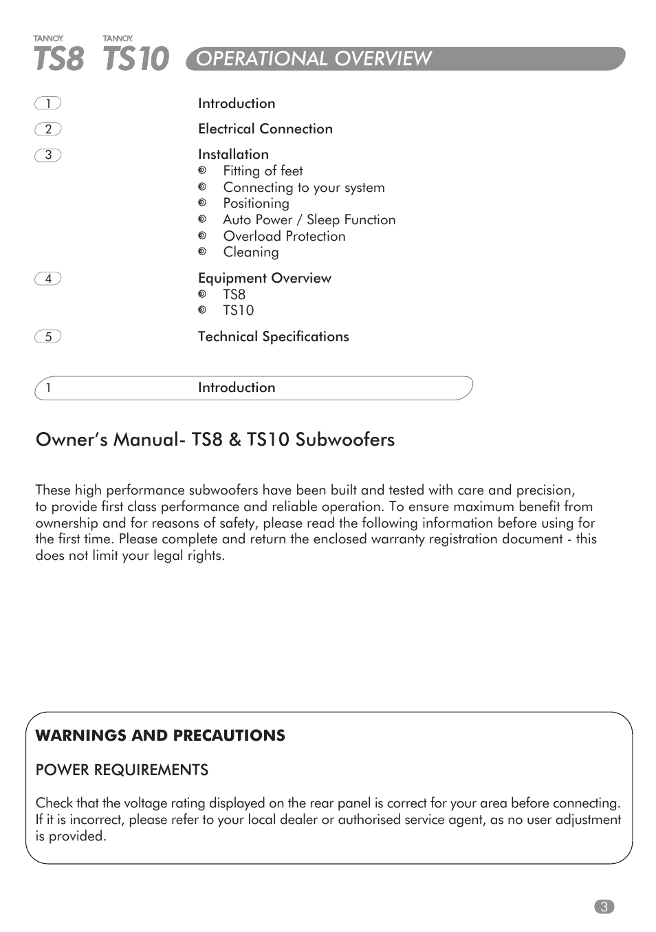 Operational overview, Owner’s manual- ts8 & ts10 subwoofers | Tannoy TS8 User Manual | Page 2 / 10